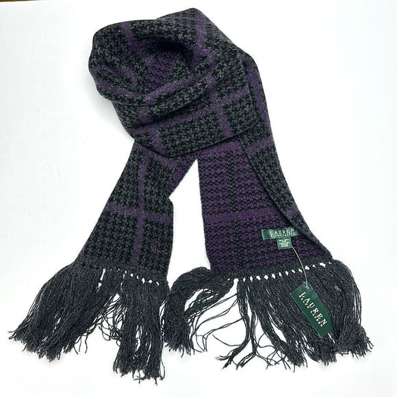 NWT Lauren Ralph Lauren Wool Houndstooth Purple Gray Long Scarf with Tassel - Picture 4 of 11